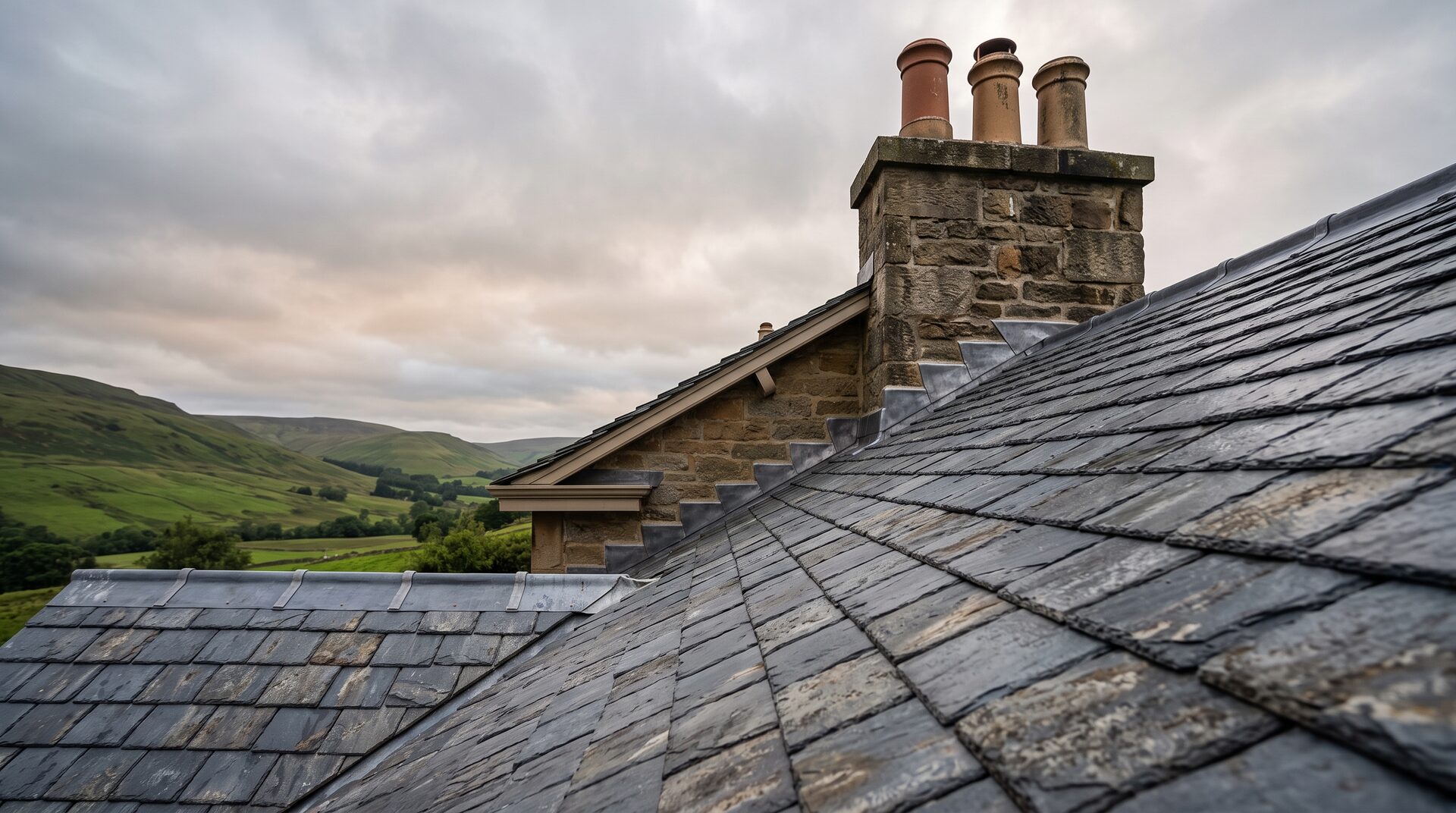 Natural slate roof and stone chimney stack with green hills behind