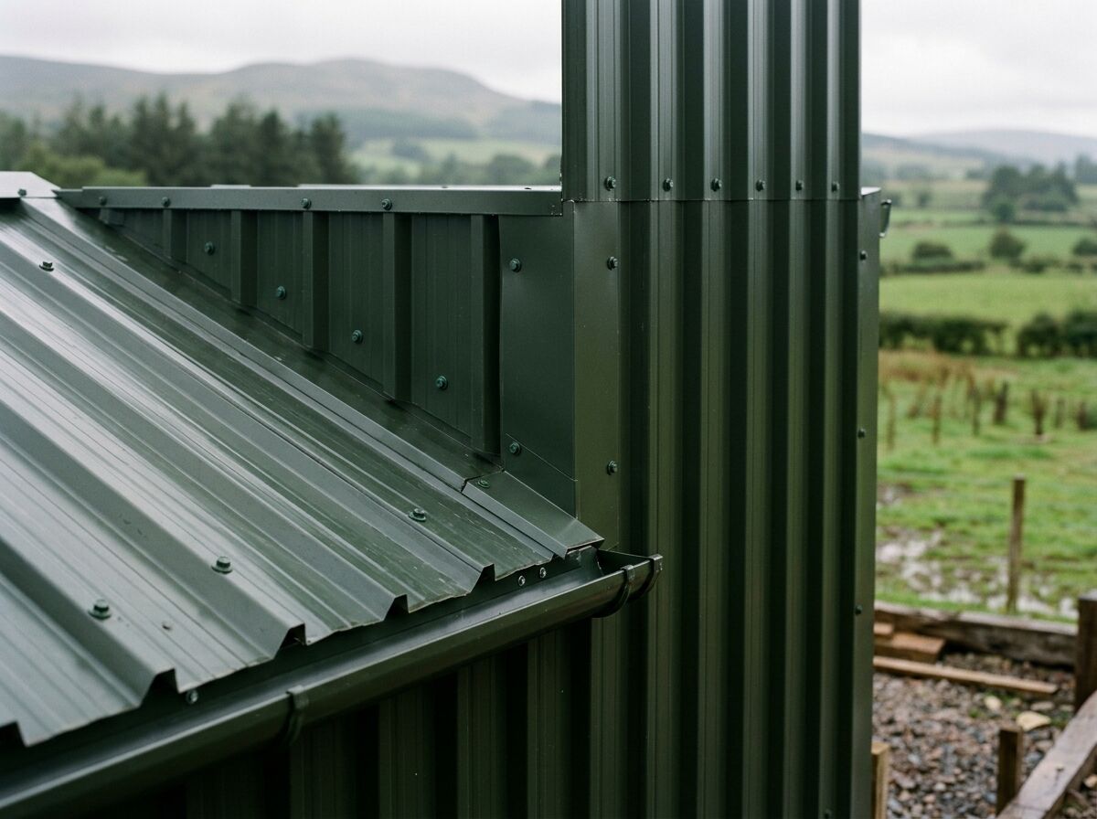 Green box profile metal cladding on the wall and roof of a rural building