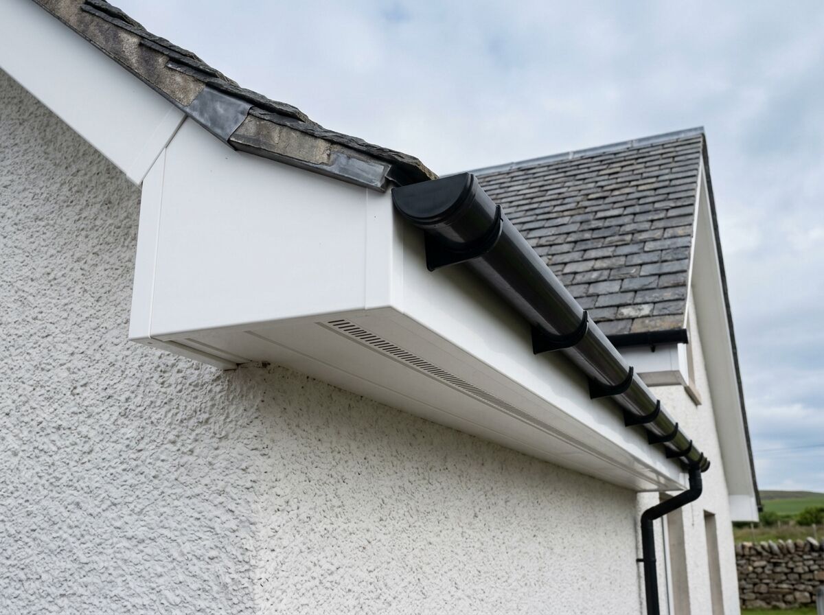 White UPVC fascia and vented soffit under a slate roof
