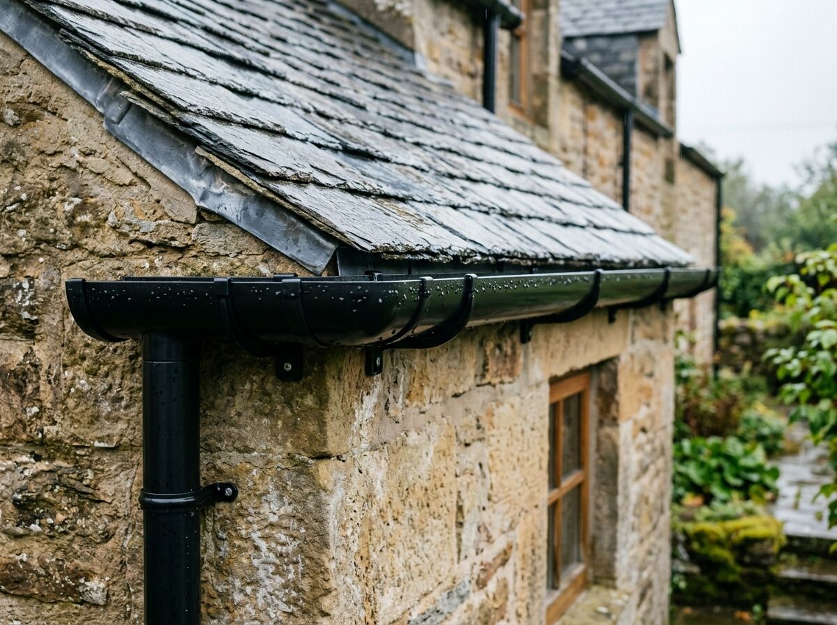 Black half-round gutter and downpipe on a sandstone cottage with a slate roof