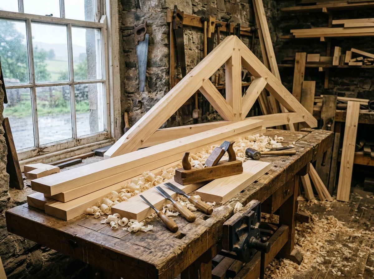 Joiner's workbench with planed timber, a roof truss section and hand tools