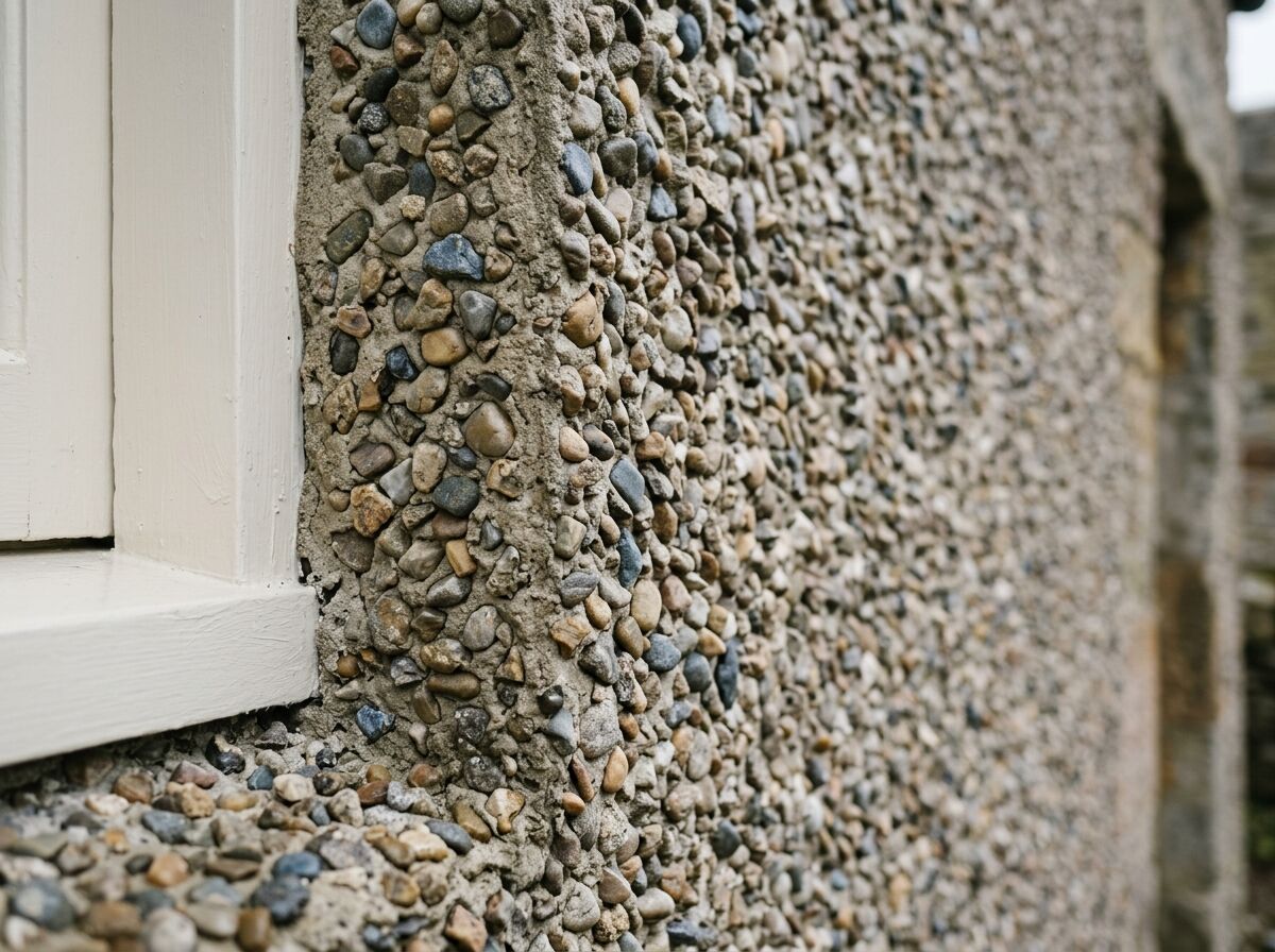 Close-up of an exterior dry dash render finish beside a window