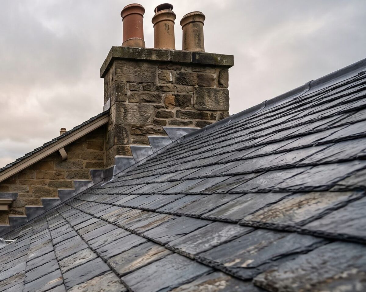 Natural slate roof with lead flashing around a stone chimney stack